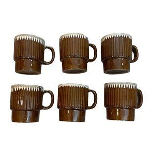 Set of 6 Vintage Brown Drip Mugs Stacking MCM Ribbed Retro 70s